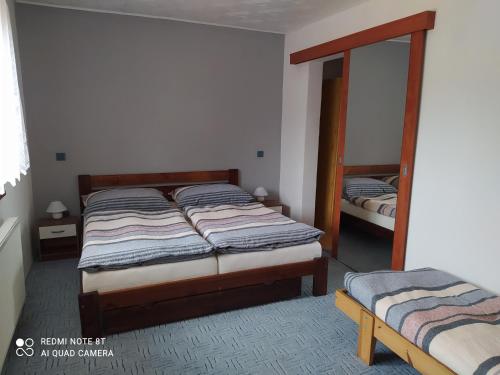 a bedroom with two beds and a mirror at Ubytování Pod statkem in Tichá