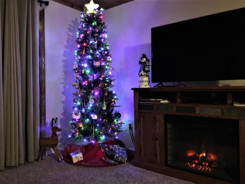 a christmas tree in a living room with a fireplace at Priceless Black Hills View in Rapid City