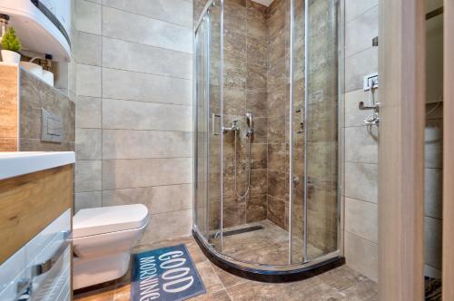 a shower stall in a bathroom with a toilet at Apartments Mons in Vila Katalina in Zlatibor