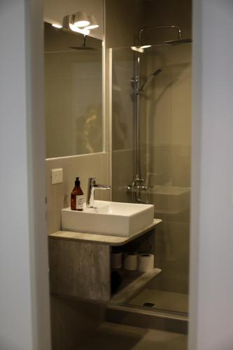 a bathroom with a white sink and a shower at Gente del Sur - Cinco Hermanos in Ushuaia