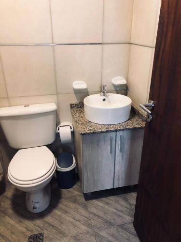 a bathroom with a white toilet and a sink at Cabañas Villa Alicia in Potrerillos