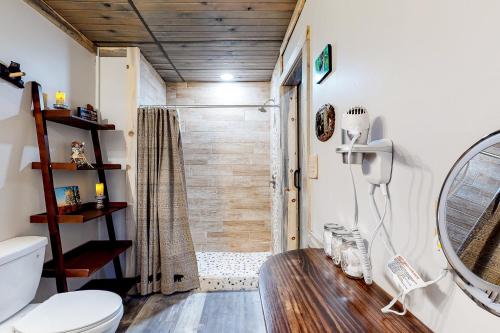 a bathroom with a shower and a toilet at Hellava View in Sevierville
