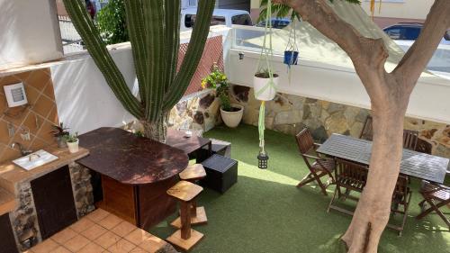 コラレホにあるCorralejo Garden&Relaxの木のあるパティオ(テーブル、椅子付)