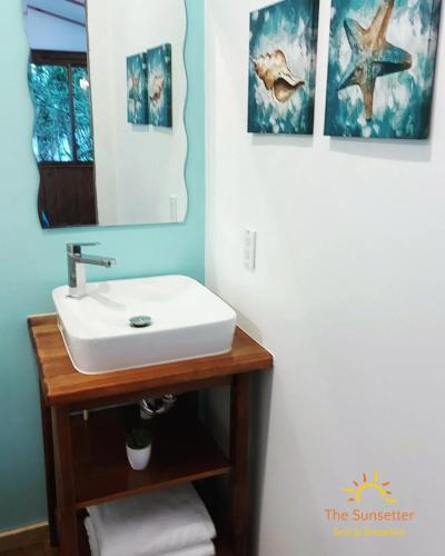 a bathroom with a sink and a mirror at The Sunsetter Bed & Breakfast in Bocas del Toro