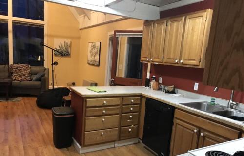 哥德伍德Chalet Gallery - Enjoy Two Units with this Chalet in the Heart of Alyeska - Walk almost anywhere!的带水槽和台面的厨房