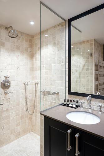 a bathroom with a sink and a shower at Hotel Saint-Louis Marais in Paris
