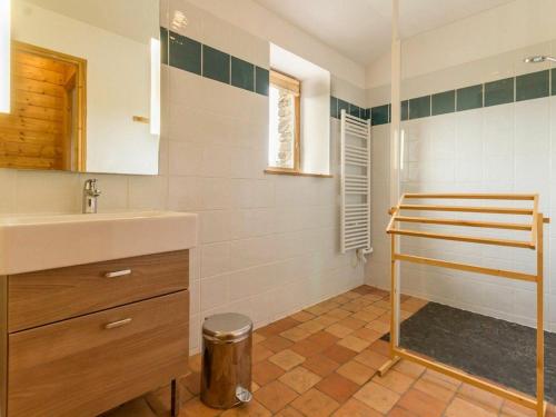 een badkamer met een wastafel, een toilet en een spiegel bij Gîte Le Cellier, 3 pièces, 6 personnes - FR-1-306-891 in Le Cellier