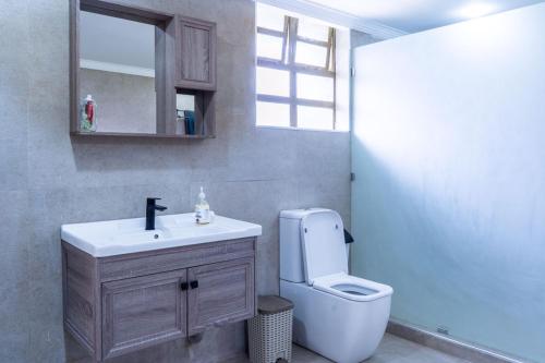 een badkamer met een toilet, een wastafel en een spiegel bij Alphas Homestay in Naivasha