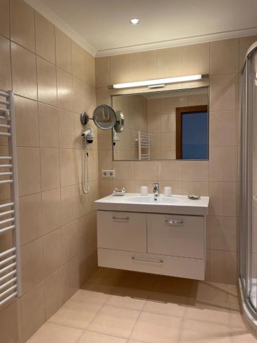 a bathroom with a sink and a shower and a mirror at W6 Haus Ganghofer in Leutasch
