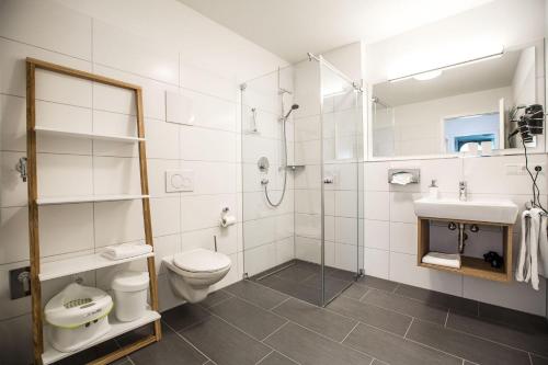 a bathroom with a shower and a toilet and a sink at Ferienwohnung-Saentis in Friedrichshafen