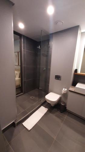 a bathroom with a shower and a toilet and a sink at Loft -19 Umhlanga Arch New York style lofts in Durban