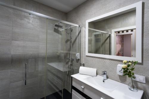 uma casa de banho com um chuveiro, um lavatório e um espelho. em SF Avenue Santander em Santander