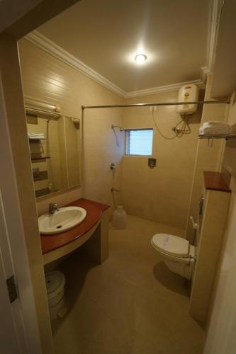 a bathroom with a sink and a toilet at Hotel Palmyra Grand Inn in Tirunelveli