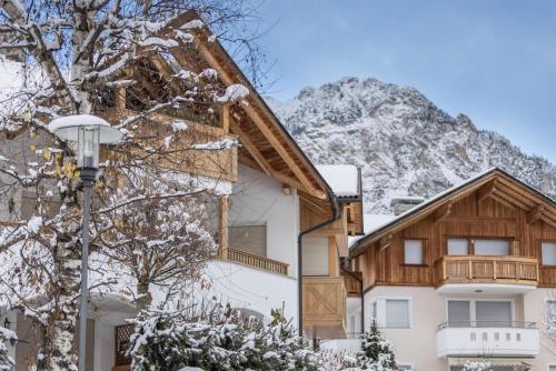 a house in the snow with a mountain in the background at Ciasa Tlara App Alma in San Vigilio Di Marebbe