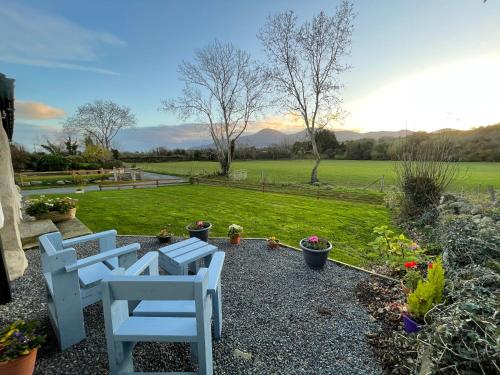 a yard with two white chairs and a field at Tuck Mill Cottage in Castlewellan