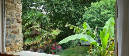 a window view of a garden with trees and flowers at Les Gîtes du Goelo in Plouha