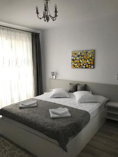 1 dormitorio con 1 cama grande y 2 toallas. en NEW Aparthotel Floresti en Floreşti
