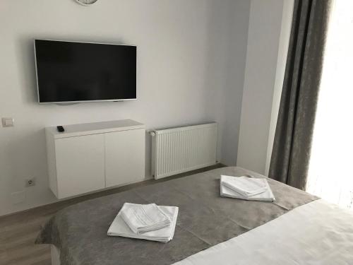 a room with a bed and a tv on a wall at NEW Aparthotel Floresti in Floreşti