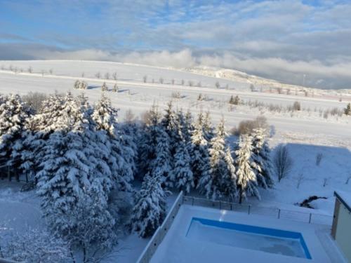an aerial view of a snow covered field with a swimming pool at Joy Aparthotel Keilberg in Klínovec