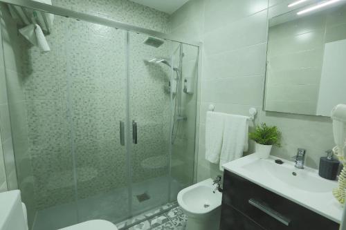 タリファにあるAtico Andalucia Plazaのバスルーム(シャワー、トイレ、シンク付)