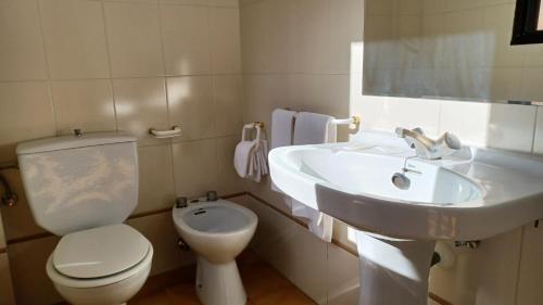 a white bathroom with a toilet and a sink at Apartamentos Baños de Ledesma in Salamanca
