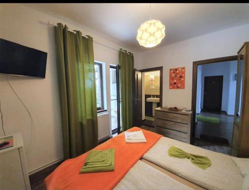 a bedroom with a bed with green curtains and a television at Vila Laura 1 in Sovata