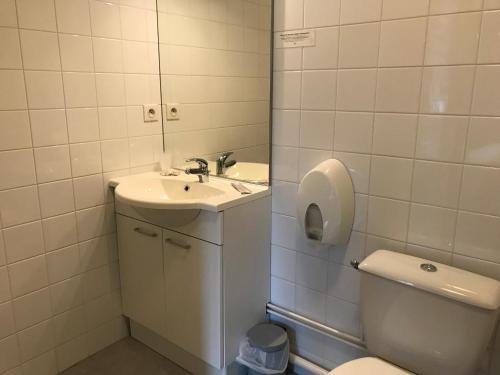 a bathroom with a sink and a toilet and a mirror at Logis hotel Saint-Joseph in Sancoins