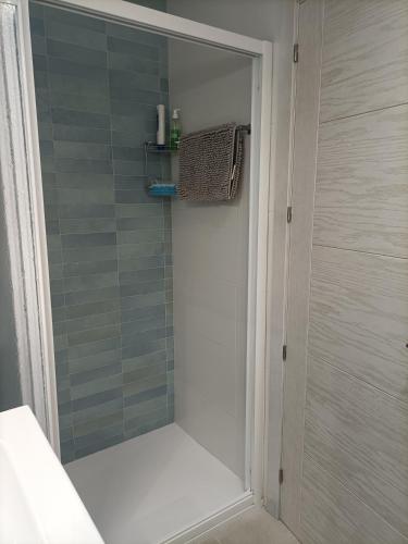 a shower with a glass door in a bathroom at Apartamento Laurel in Peniscola