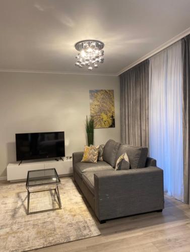 a living room with a couch and a flat screen tv at Ultra Apartments Kamienica Nova in Szczecin