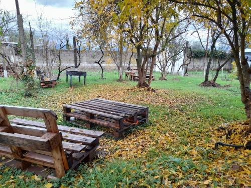 a group of picnic tables and benches in a park at Chateau Sukaj in Laknas