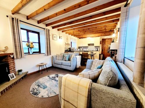 a living room with two couches and a fireplace at Grosmont Cottage, Ruswarp in Whitby