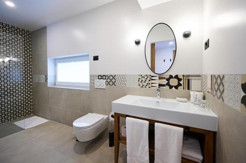 a bathroom with a sink and a toilet and a mirror at Hiša Ančka, Šenčur in Šenčur