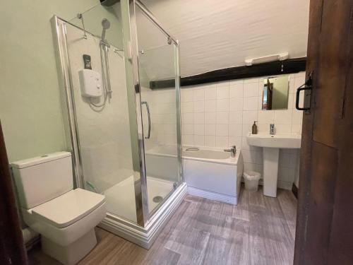 a bathroom with a shower and a toilet and a sink at The Plough Inn Boddington in Daventry