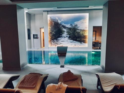 科帕奥尼克Silver Kop apartmani的一间设有游泳池的客房,墙上挂有绘画作品