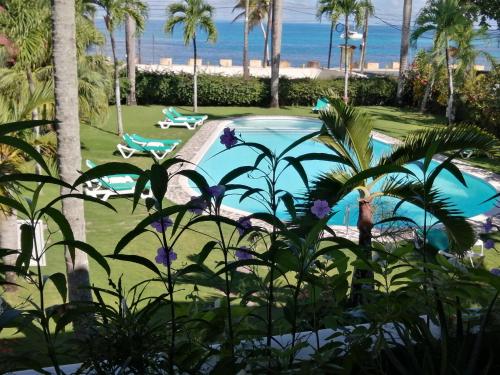 a pool with palm trees and the ocean in the background at A La Dolce Vita Beachfront Hotels, Las Terrenas, Samana in Las Terrenas