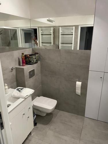 a bathroom with a toilet and a sink at Apartament ROYAL Chełmońskiego Śrem in Śrem