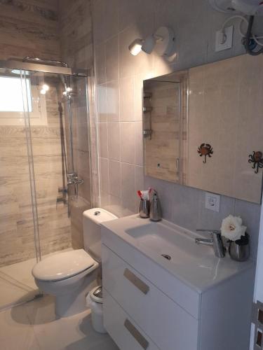a bathroom with a toilet and a sink and a shower at El Mar de Peyo , primera línea de playa in Playa Honda