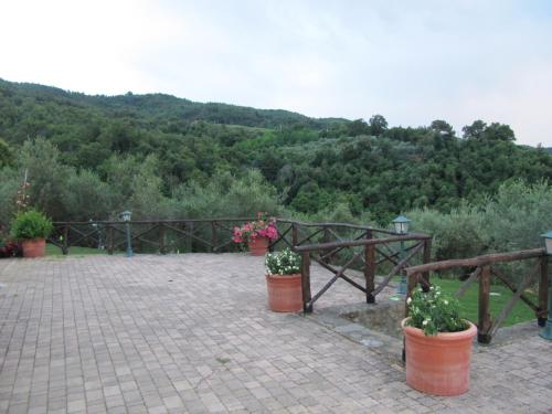 a patio with two potted plants and a fence at Piccolo Relais Galletto di Marzo Spa e relax solo per due in Paciano