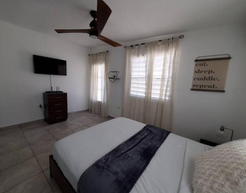 Schlafzimmer mit einem Bett und einem Flachbild-TV in der Unterkunft Aguadilla Sunset Apt AC WiFi 8 minute walk to Crashboat Beach in Aguadilla