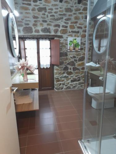 a bathroom with a toilet and a glass shower at Apartamentos la casa de los ríos in Liérganes