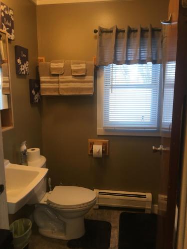 a bathroom with a toilet and a sink and a window at Home Away From Home, Recently Renovated in North Troy
