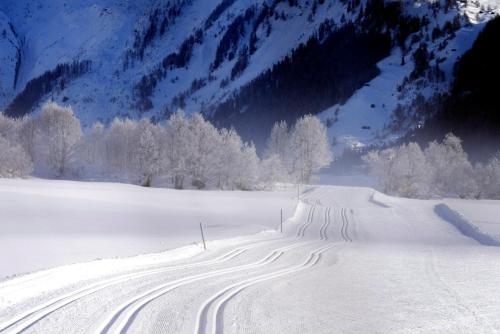 a snow covered road with tracks in the snow at Hotel Grimsel in Obergesteln