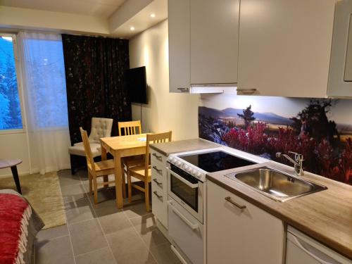 a kitchen with a sink and a stove top oven at LeviBooking Lost in Levi apt 305 in Kittilä