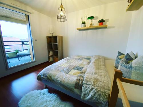 une chambre avec un lit et une fenêtre dans l'établissement La Silberrunz, à Colmar