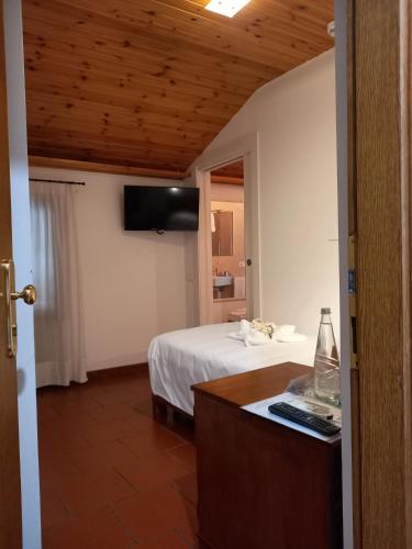a room with a bed and a desk with a television at Hotel Italia in Sacile