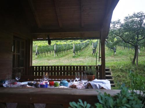 a table with wine glasses and a view of a vineyard at Monschein Weingut Straden in Straden