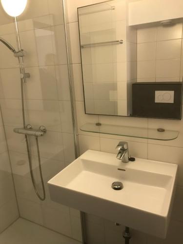 a bathroom with a sink and a shower with a mirror at Appartement Bru 251 in Bruinisse