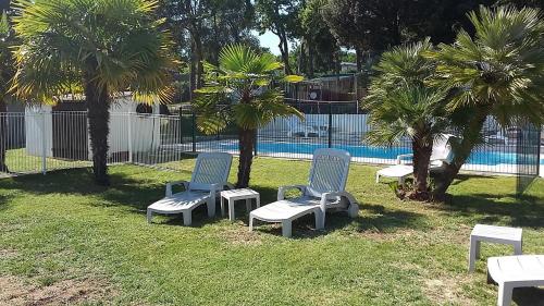 three chairs and palm trees in front of a pool at Camping Les Chênes Verts in Meschers-sur-Gironde