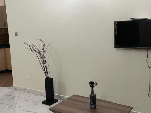 a living room with a table and a tv on a wall at Jaffa Suites in Kampala