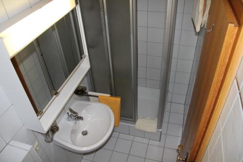 a bathroom with a sink and a shower at Haus Puit Mandarfen Pitztal in Sankt Leonhard im Pitztal